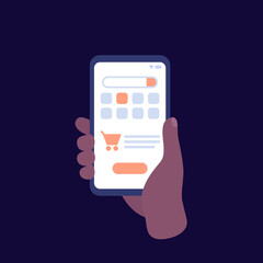 marketplace, mobile shopping, phone in hand, vector