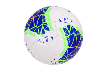 White soccer ball with blue-green print on white background, isolated
