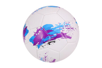 White soccer ball with colored spots, on a white background, isolated.