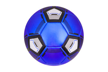 Naklejka premium Black and blue soccer ball with patterns, on a white background, isolated.