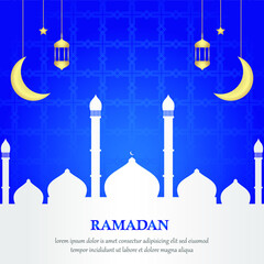 
Islamic background with illustration designs of mosques, lanterns, moon and stars. blue texture. design to commemorate the day of Ramadan Kareem celebration. .background template modern.