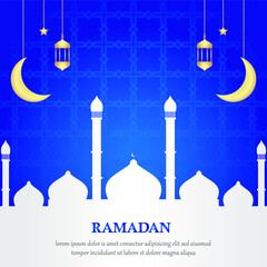 
Islamic background with illustration designs of mosques, lanterns, moon and stars. blue texture. design to commemorate the day of Ramadan Kareem celebration. .background template modern.