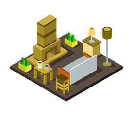 Isometric room with fireplace