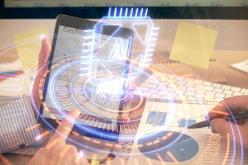 Multi exposure of man's hands holding and using a digital device and data theme drawing. Innovation concept.