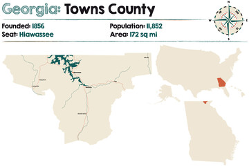 Large and detailed map of Towns county in Georgia, USA.