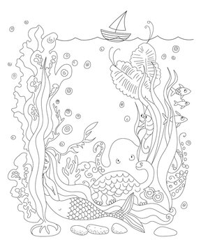 Sea mermaid and animals image background. Vector drawing illustration.