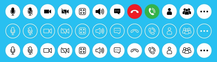 Fototapeta premium Video call icon set, Video conference buttons template for mobile phone online app, ui. online meeting workspace, internet talk, vector illustration
