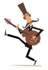 Cartoon long mustache guitarist is playing music illustration.
Mustache man in the top hat playing guitar silhouette isolated on white
