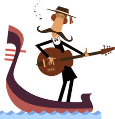 Man with guitar and gondola illustration.  Funny gondolier with long mustaches rides on gondola plays guitar and singing isolated on white  © bigmen
