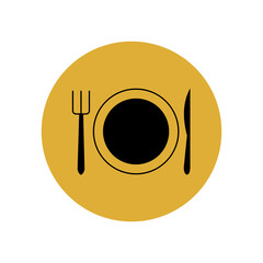 Food travel icon black in a yellow circle. Local restaurant and cafe. Street eatery. Culinary, dining and gastronomic pleasures. 