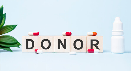DONOR word made with building blocks. A row of wooden cubes with a word written in black font is located on white background