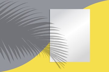 Abstract graphic background in yellow and gray tones with shadow from palm branch. Template for presentation. three-dimensional texture. shadows from leaves fall on surface. Poster, space for text