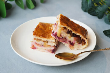 Apple strudel with blackcurrants and cinnamon. Sliced homemade austrian sweet dessert on plate.