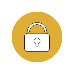 Lock icon. White silhouette symbol with black outline in a yellow circle. System security. Phone screen menu item for applications. Smartphone user interface button. 