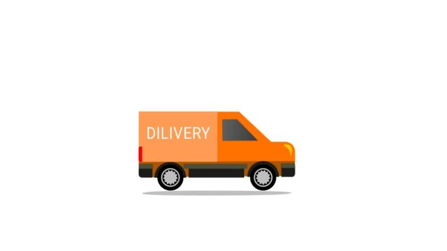 Dilivery van moving cartoon animation isolated on white screen. Loop animation of dilivery service.