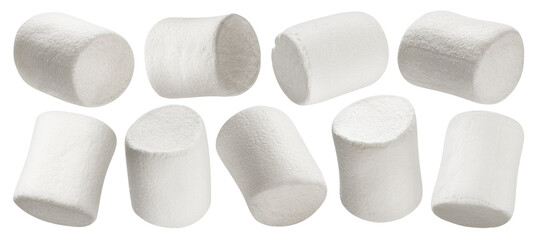 Flying marshmallows isolated on white background