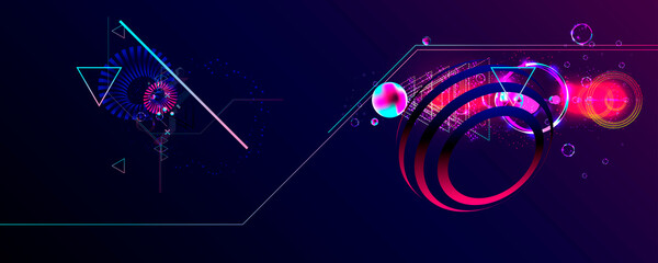 Obraz premium Dark retro futuristic art neon abstraction background cosmos new art 3d starry sky glowing galaxy and planets blue circle