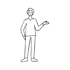 Hand drawn businessman pointing. Doodle man illustration. Doodle young man employee pointing to something