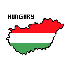 2d 8 bit pixel art Hungary map covered with flag isolated on white background. Old school vintage retro 80s, 90s platform computer, video game graphics. Slot machine design element. Country geography.