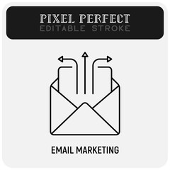 E-mail marketing thin line icon. Envelope with arrows. Advertising. Pixel perfect, editable stroke. Vector illustration.