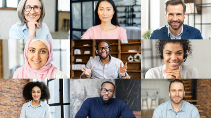 Morning meeting online. App for video connection for corporate coworkers, online platform for virtual conference, webinars, online briefing. A lot of diverse people office colleagues on the screen