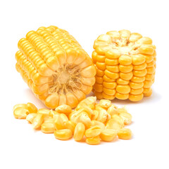 Pieces of Fresh organic corn cob and seeds isolated on white background