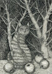 Cat and apples. Ink drawing. Coloring. Cute illustration for the decor and design of posters, postcards, prints, stickers, invitations, textiles and stationery.