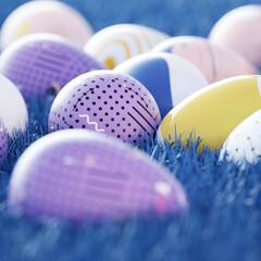 Colorful Textured Easter Eggs Lays on Shiny Blue Grass