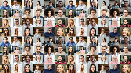 Video conference concept. Banner, screensaver, collage with a lot of diverse people, multiracial colleagues brainstorming on the distance, a lot of people different generation and nation. Hr database