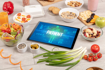 Tablet Pc with fruits, medical concept