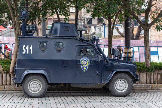 ISTANBUL - DEC 31: Police van or armored police  car in a street of Istanbul, December 31. 2021 in Turkey