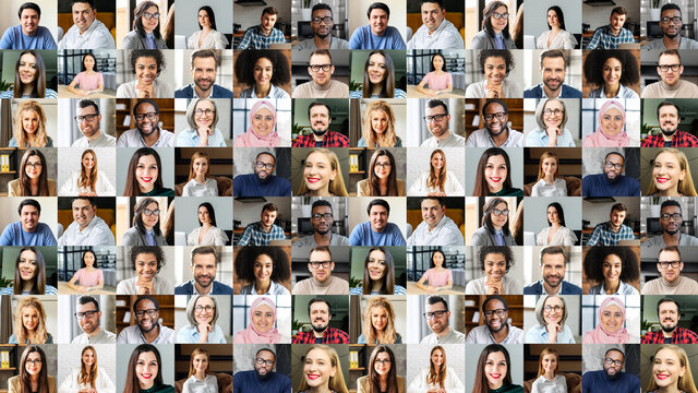 Video conference concept. Banner, screensaver, collage with a lot of diverse people, multiracial colleagues brainstorming on the distance, a lot of people different generation and nation. Hr database