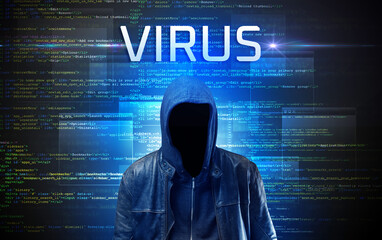 Faceless hacker on code background