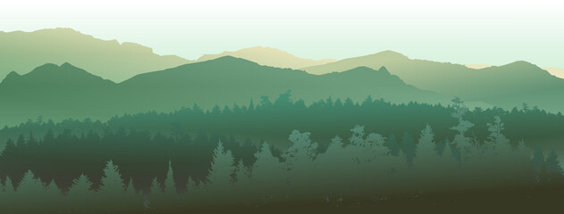 Forest silhouette, vector illustration. People camping, adventure and travel concept, beautiful forest, mountain and sky, exposure, vector illustration.	