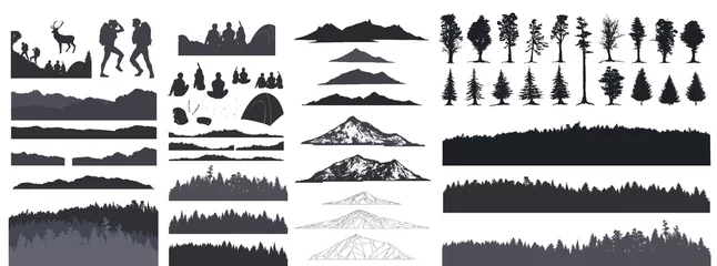 Waldschattenbild, Vektorillustration. Menschen campen, Abenteuer- und Reisekonzept, schöner Wald, Berg und Himmel, Belichtung, Vektorillustration. © Gluiki