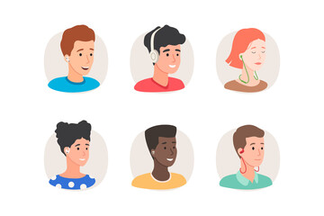 Set of people in earphones. Listens to music, communicates in voice chat. Collection of portraits of funny guys and girls. Different types of headphones. Vector illustration in flat cartoon style Isol