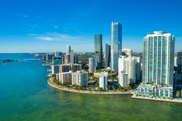 aerial drone view of downtown Miami skyline in the Brickell area - obrazy, fototapety, plakaty