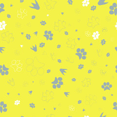 Flat design seamless pattern. Yellow, grey and white vector illustration paw, dinosaur, bird footprint. For fabric, bag, laptop, notebook, phonecase. Background, wallpaper.