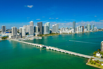 Fototapeta na wymiar aerial drone view of Venetian causeway with downtown Miami skyline in the back