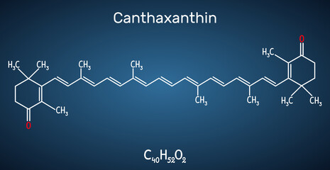 Canthaxanthin, molecule. It is carotenone, keto-carotenoid, terpenoid, biological pigment, food colouring E161g, fungal metabolite. Structural chemical formula on the dark blue background