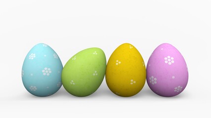 Colourful Easter eggs isolated against white background. 3D Render. Copy space available.