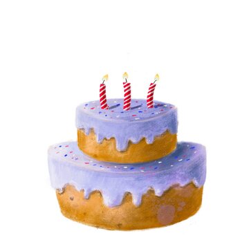 birthday cake with candle, watercolor and pencils food illustration