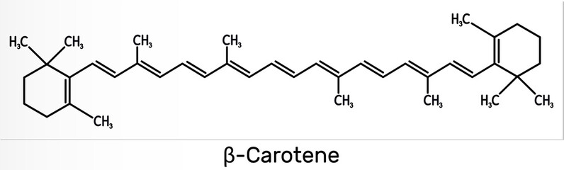 Beta Carotene, provitamin A, is an organic red-orange pigment in plants and fruits. Skeletal chemical formula - obrazy, fototapety, plakaty