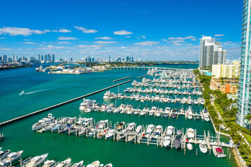 aerial drone view of Miami Beach marina in South Point