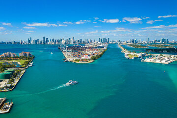 aerial drone view of the port of Miami and the downtown skyline in the back