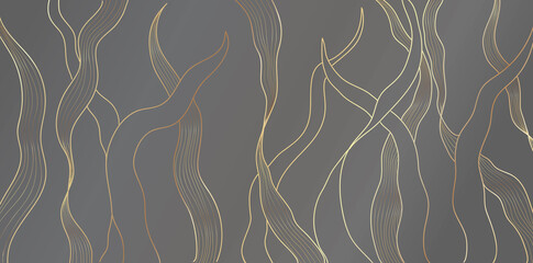 Luxury gold floral pattern on gray background. Underwater sea plants golden line leaves . Split-leaf plant abstract arts, Vector