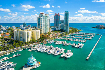 aerial drone view of Miami Beach marina in South Point - obrazy, fototapety, plakaty