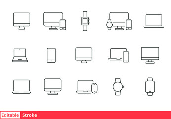 Modern device line icon set. Simple outline style for web sites and mobile app. Computer, laptop, pc, phone, mobile concept. Vector illustration isolated on a white background. Editable stroke EPS 10