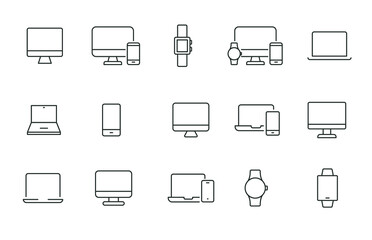 Modern device line icon set. Simple outline style for web sites and mobile app. Computer, laptop, pc, phone, mobile concept. Vector illustration isolated on a white background. EPS 10