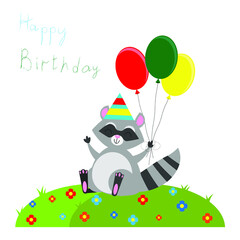 Vector illustration. Happy birthday ! Raccoon in a cap. Balloons.